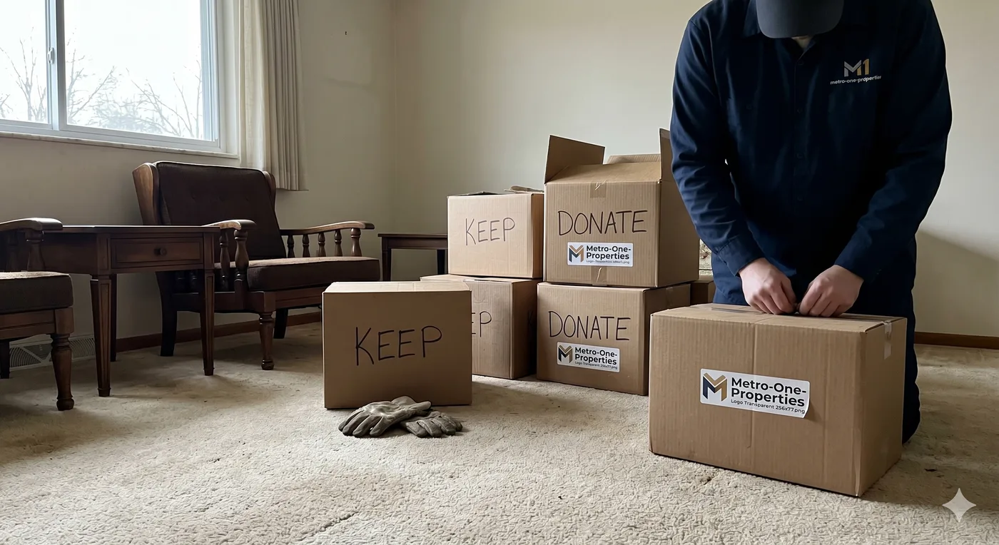 Estate cleanout in Cincinnati with KEEP and DONATE boxes sorted by Metro One Properties crew
