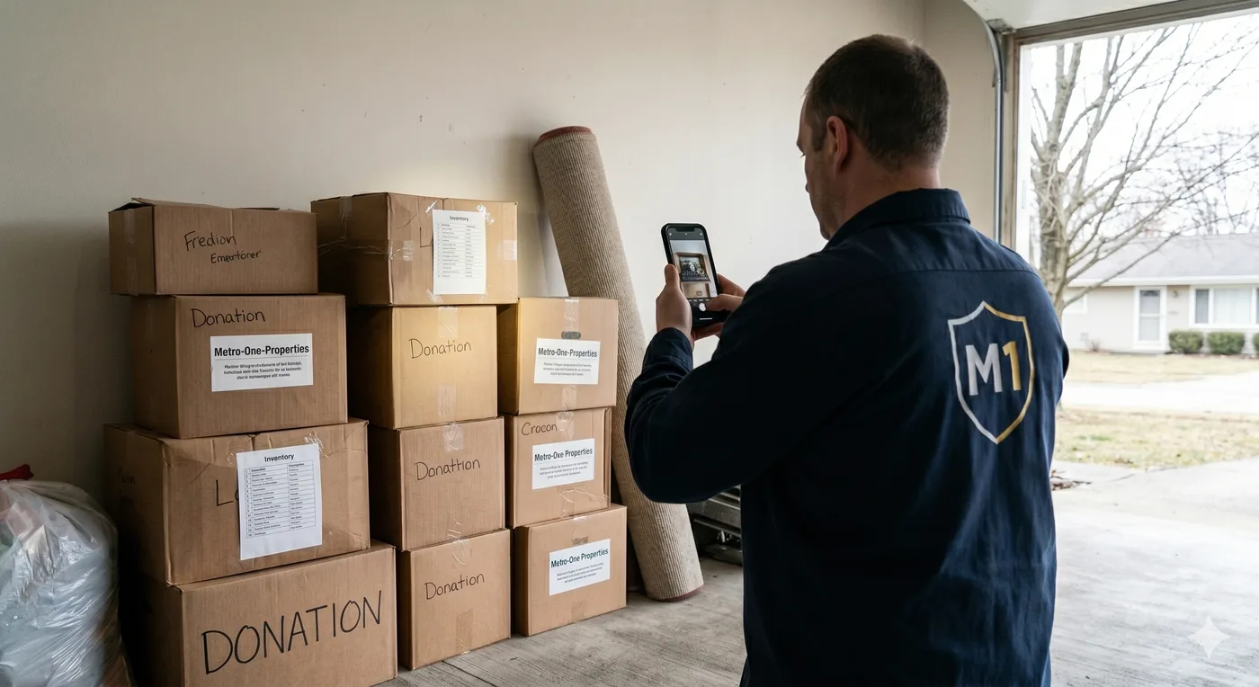 Metro One crew documenting labeled donation boxes during a Hamilton County estate cleanout