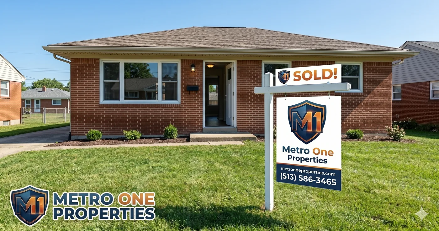 Cincinnati probate estate home sold as-is by Metro One Properties with sold sign in yard