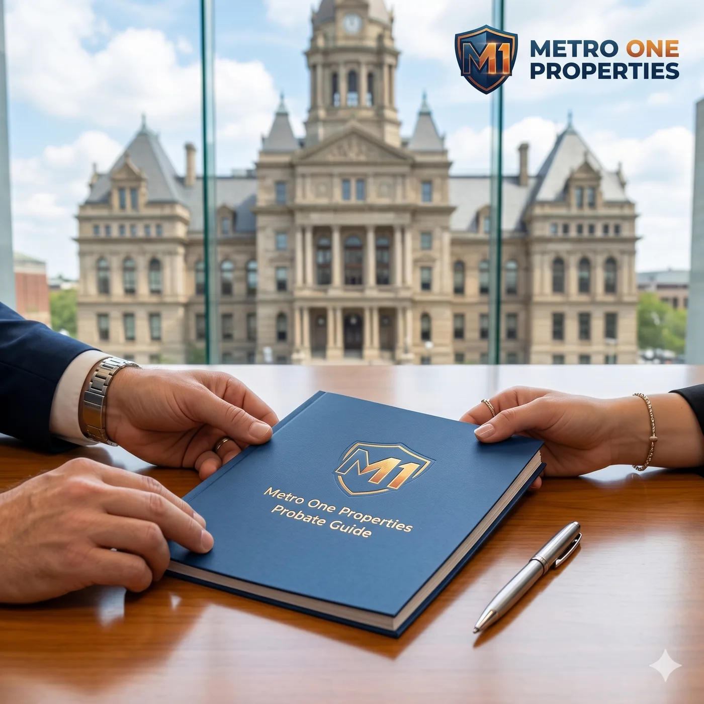 Probate attorney and fiduciary reviewing the Metro One Properties probate guide with Hamilton County courthouse in view