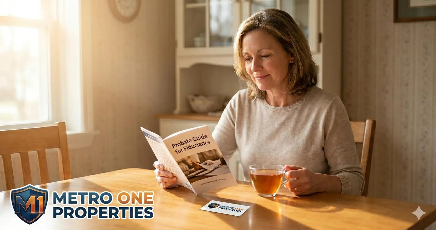 Executor reading the Metro One Properties probate guide for fiduciaries at home