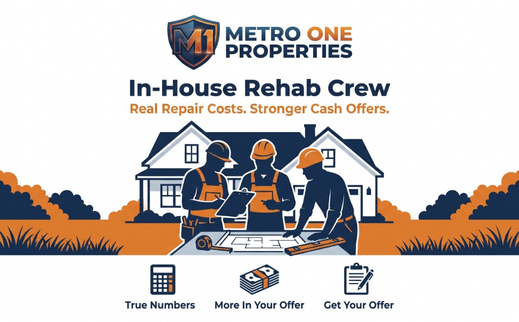 Metro One Properties in-house rehab crew. Real repair costs. Stronger cash offers.