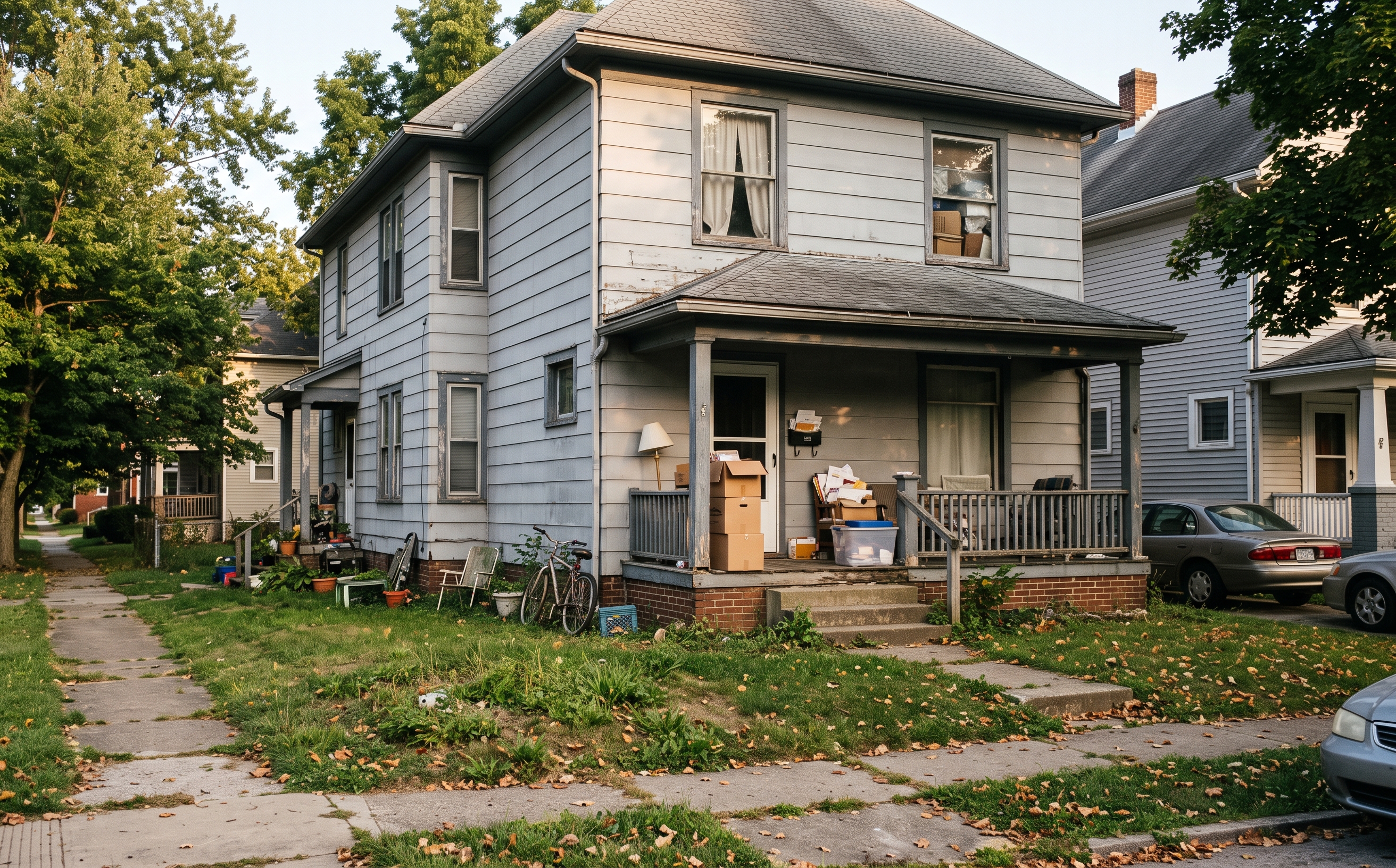 Cincinnati house with boxes on the porch, a bike, and a car, when more than one thing is going on