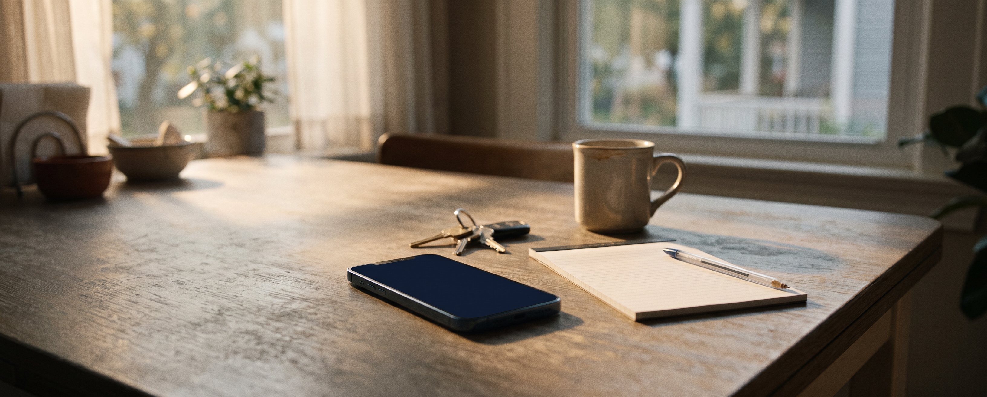 Kitchen table with a phone, house keys, and a notepad, ready to talk through your options